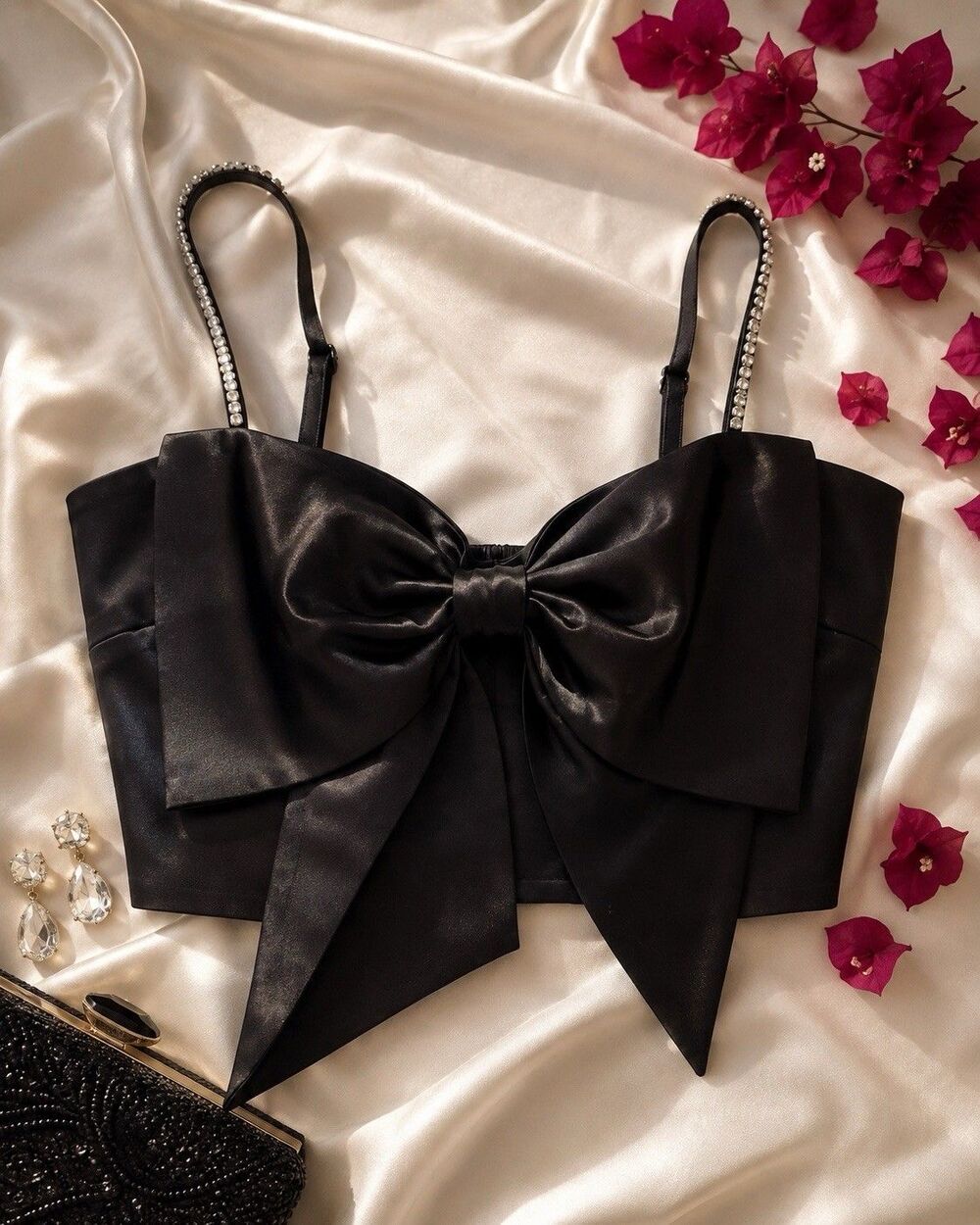 Altar'd State Black Satin Bow Bustier Rhinestone Top S NWT